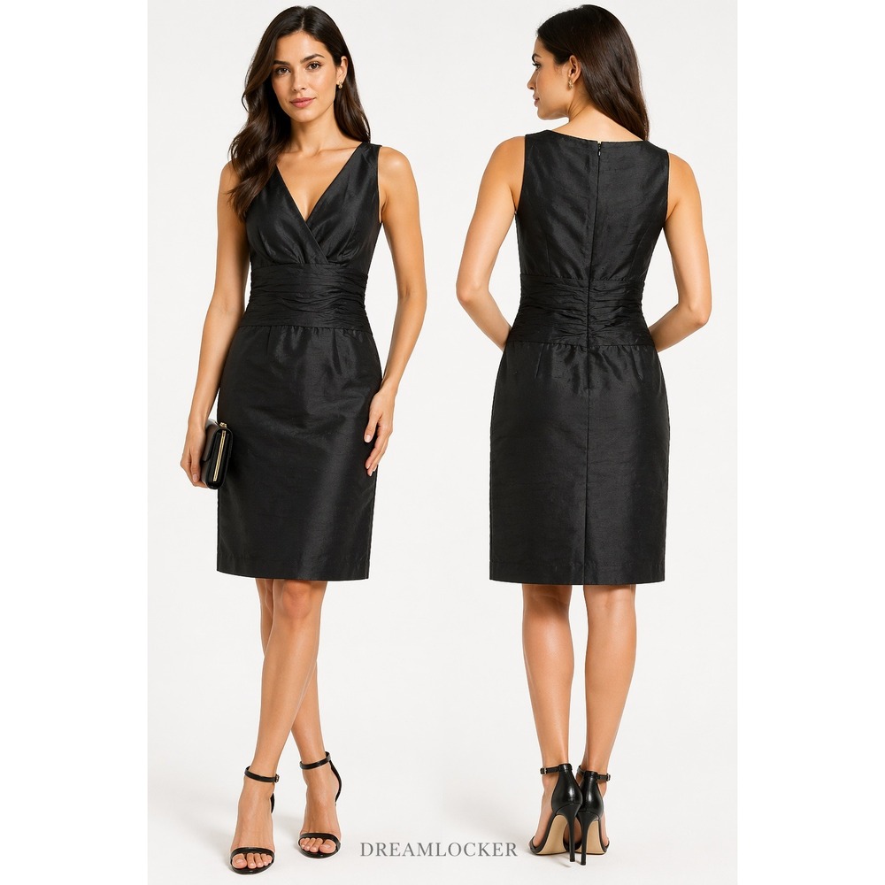 Lafayette 148 Dress Womens 6 Black Sheath Midi Evening V Neck Ruched Back Zip